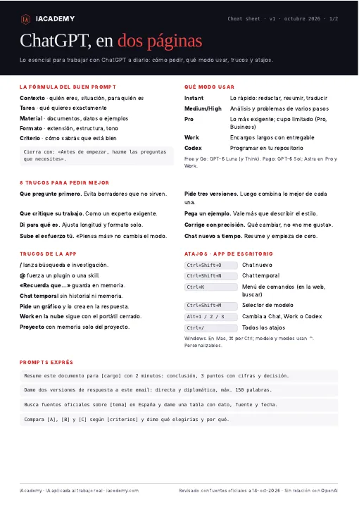 Primera página del cheat sheet de ChatGPT