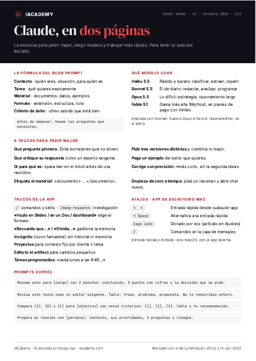 Primera página del cheat sheet de Claude